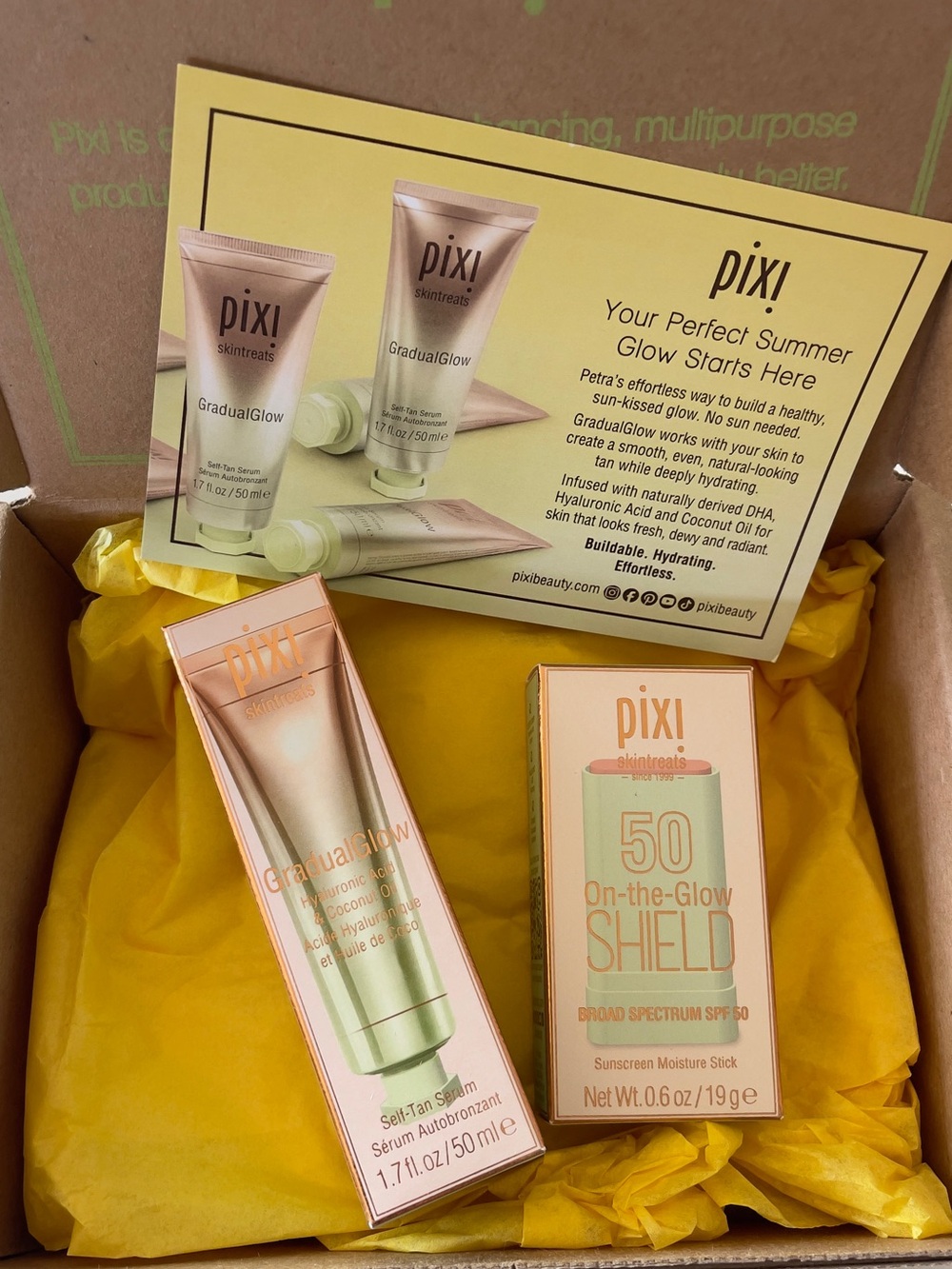 Pixi GradualGlow & On-the-Glow Shield — Peach and Gold Packaging